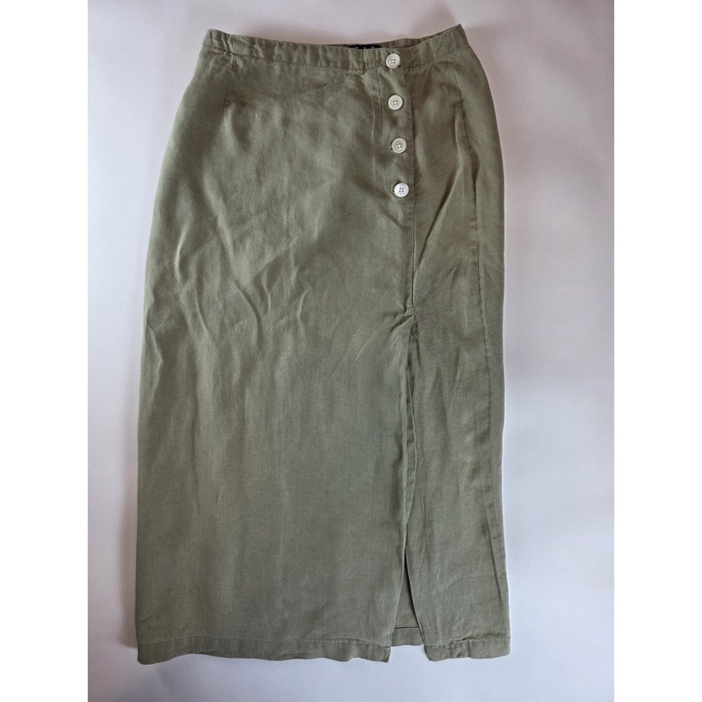 Gap Linen Skirt Size 10 Womens Green Midi Pencil Skirt Button Down W/ High Slit